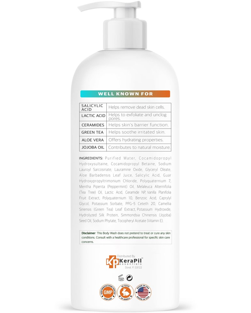 KERAPIL Exfoliating Body Wash with Salicylic Acid, Unscented, 16 fl oz