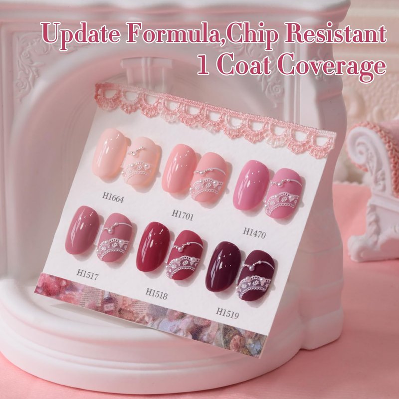 Double Rhythm Gel Polish Set - 6 Pcs Hema-Free Soak Off Nail Art Kit | Neutral Milky Colors (Nude Pink, Rose, Burgundy) 0.50 OZ