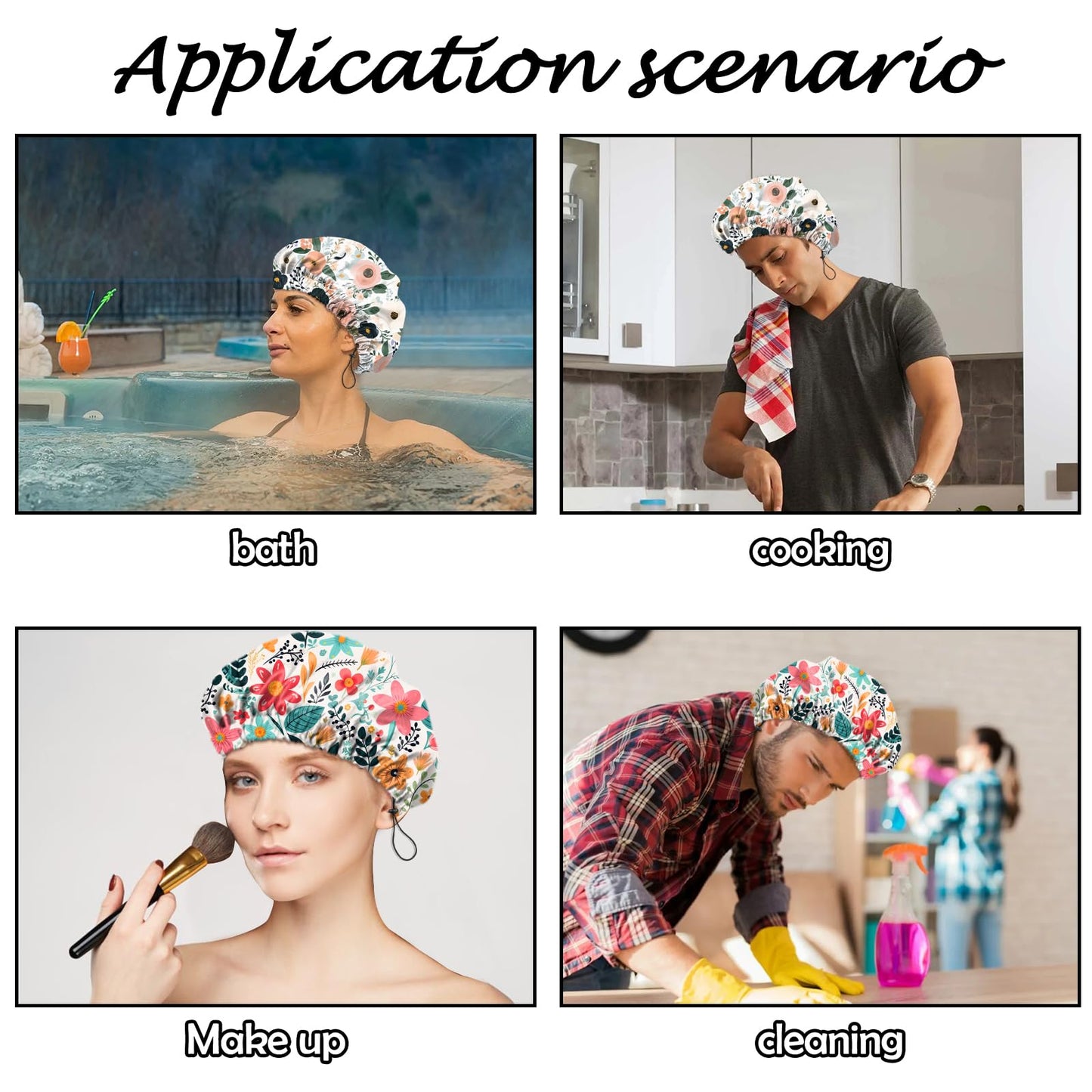 Deokke 2 PCS Shower Cap Reusable Waterproof Adjustable Double Layer Elastic Dry Hair Bathing Caps Aesthetic Cute for Women Girls-Pink Flower