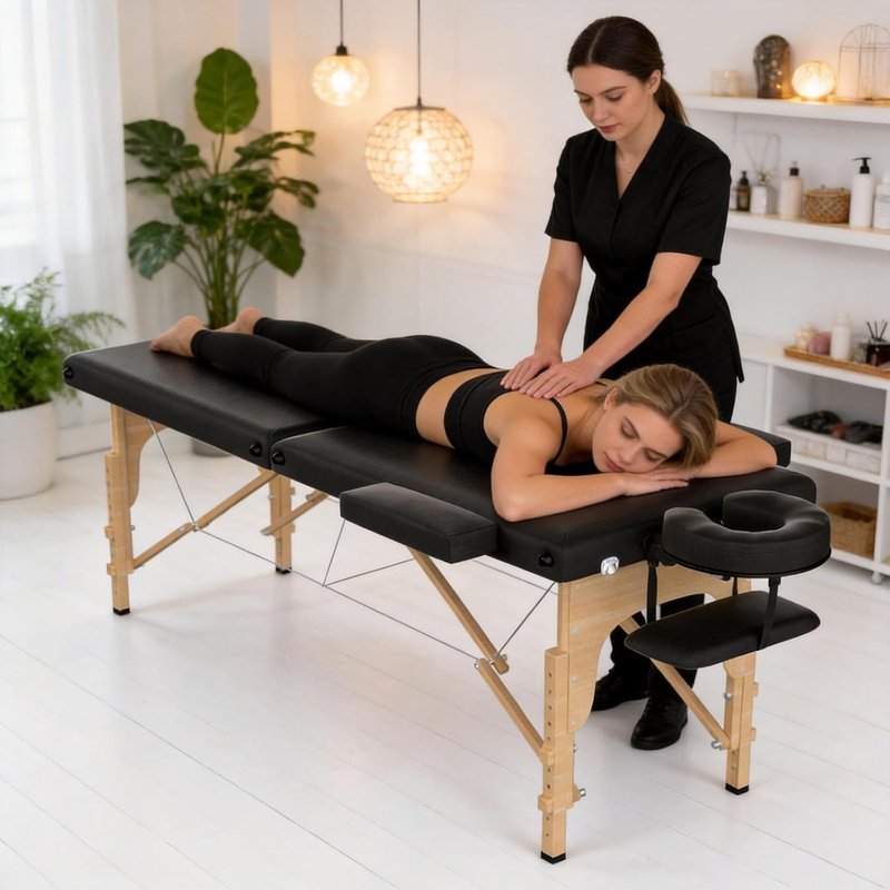 OmySalon Massage Table Portable Massage Bed, 84" x 24" 2-Fold Salon SPA Tattoo Bed Lash Table Height Adjustable with Carrying Bag, Face Cradle & Wooden Frame, Black
