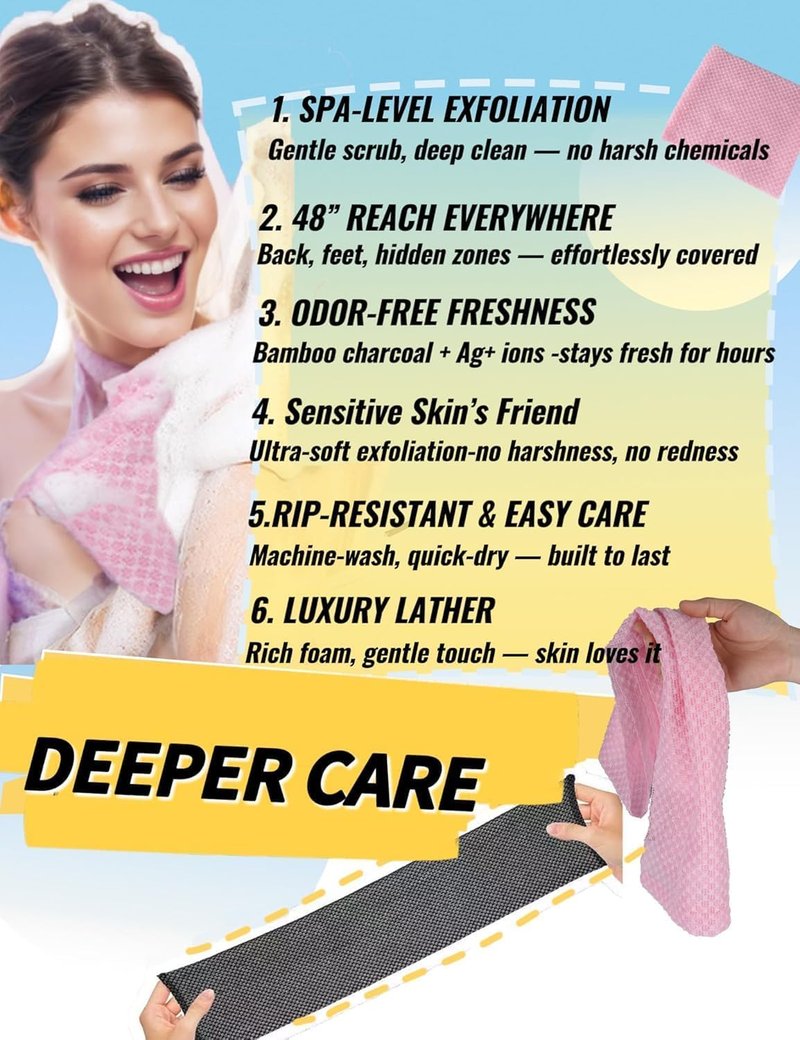 BLISSALRK Exfoliating Shower Towel 48",Premium Scrub Wash Cloth for Body Face, Exfoliating Washcloth for Men and Woman (1, Pink)