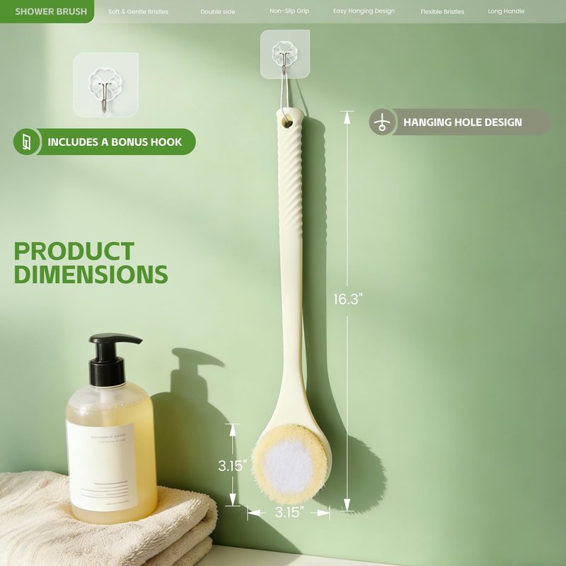 CYMPHW Back Scrubber for Shower with Long Handle, Dual-Sided Bath Brush with Soft Bristles & 150D Exfoliating Cloth, Anti-Slip Grip, Lightweight Back Washer for Shower, Men & Women (Light Yellow)