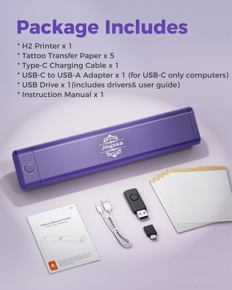 Joysea Tattoo Stencil Printer Kit with 5 Transfer Papers, Wireless Bluetooth Thermal Tattoo Machine Tattooing for Beginner & Studio, Support Android/iOS/Windows/MacOS, Easy Use APP, Inkless, Purple