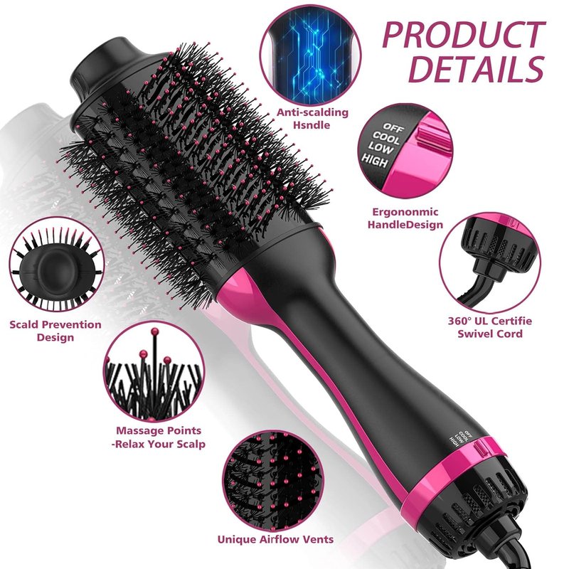 Dimecano Hair Dryer Brush - 4-in-1 Hot Air Styler for Volumizing & Straightening | Black & Pink