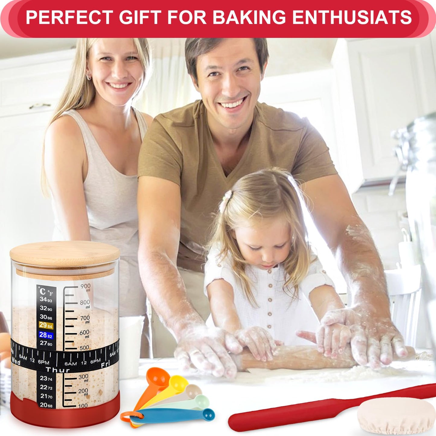 Sysmie Complete Sourdough Bread Starter Kit - 34oz Large Sourdough Bread Baking Supplies, Glass Sourdough Jar with Wide Mouth, Fermentation Jar for Sourdough Bread Loaf Flour with Measuring Spoon