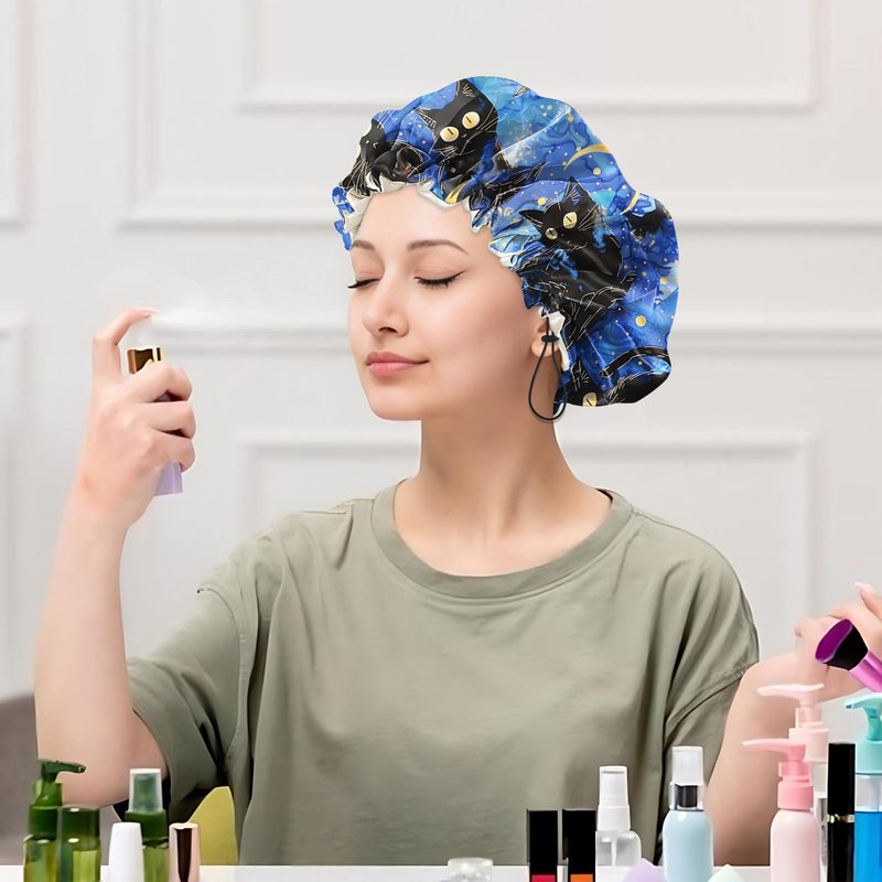 Cabreche Luxury Shower Cap Satin Silk Lined Adjustable Elastic Reusable Waterproof Shower Bath Cap Cute for Women Girls-Black Cat Blue