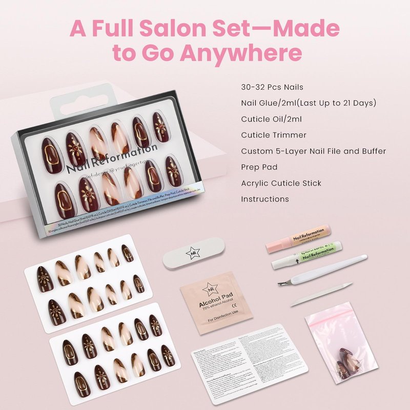 Nail Reformation Press On Nails, Sun Stone | Medium Almond Fake Nails with 3D Golden Shimmer on Amber Glow Base in Glossy Finish, Reusable Stick On Nails in 15 Sizes - 30 Nail Kit for Women Gifts