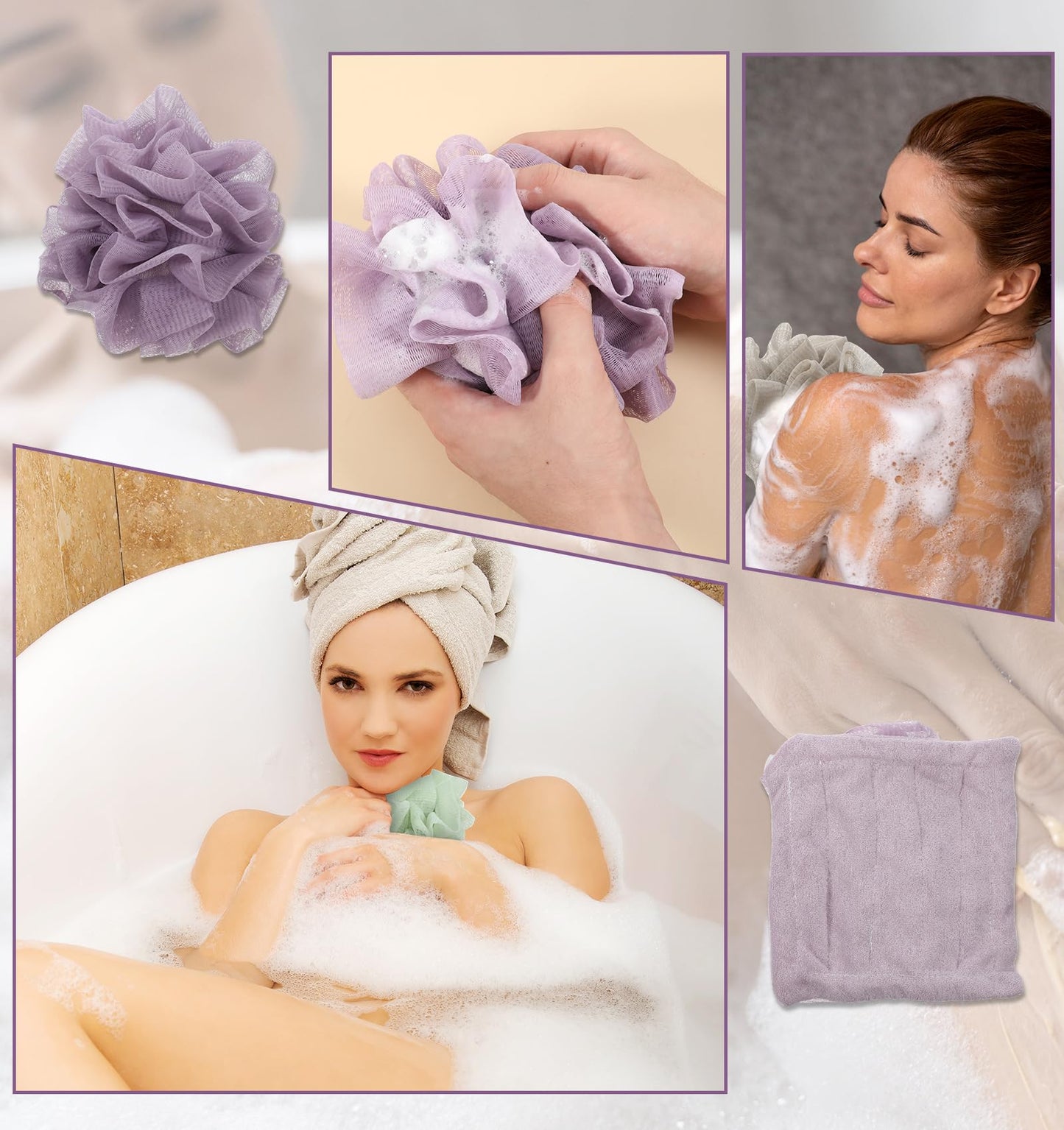 3 PCS Loofah Washcloth Combo 2-in-1, Soap Bar Loofah Exfoliating Shower Pouf with Bar Soap Pocket Body Scrubber Exfoliating Loofa for Women & Men Bath Accessories Cleaning Tool (Green Purple Khaki)