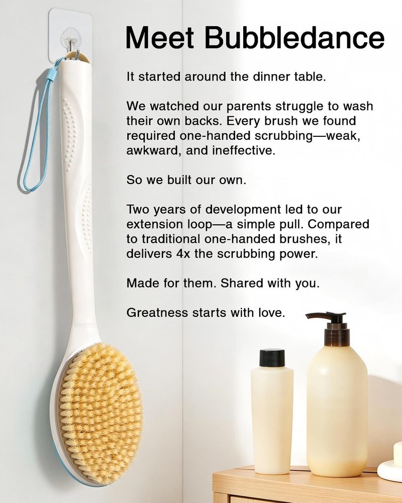 BUBBLEDANCE® Natural Boar Bristle Back Scrubber – 4X Scrubbing Power, Extendable Long Handle (17.5"-31.9") for Deep Exfoliation & Dry Brushing – 1.3X Wider Head, Anti-Slip Shower Brush for Men & Women