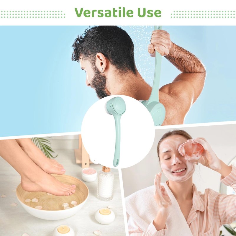 Electric Body Brush for Shower with 4 Replaceable Heads, 14.9 in Long Handle Back Scrubber, 2-Speed Adjustable Waterproof Power Body Scrubber, Rechargeable Bath Brush for Exfoliating and Cleaning