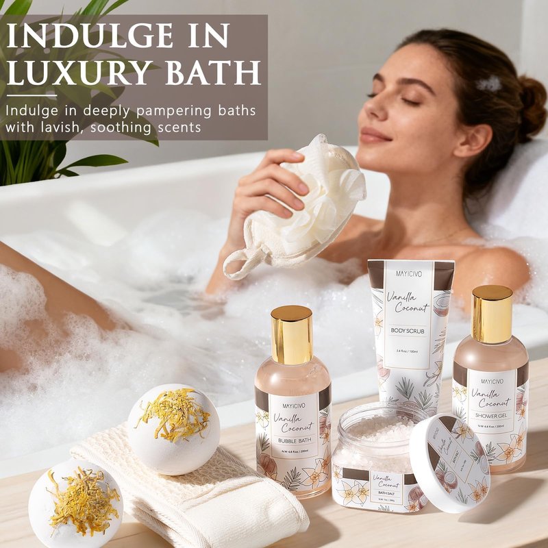 Mothers Day Birthday Gifts for Women, Vanilla Coconut Relaxing Spa Gift Baskets for Women Self Care Package Bath Gift Set, Home Bath and Body Kit Pampering Gifts for Womens Her Mom Friends Sister Wife