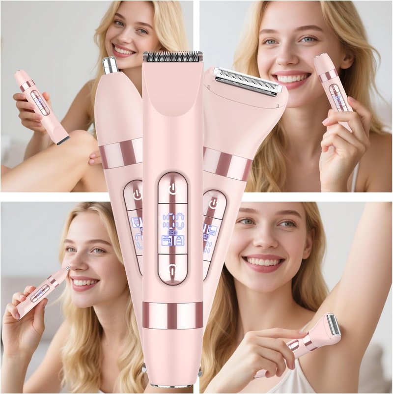 Hatteker 4-in-1 Women's Electric Razor, Dual-Head Body Hair Trimmer for Women, IPX7 Waterproof Rechargeable Bikini Trimmer & Facial Hair Remover for Legs, Armpits, Face, Nose, Eyebrows, Pink