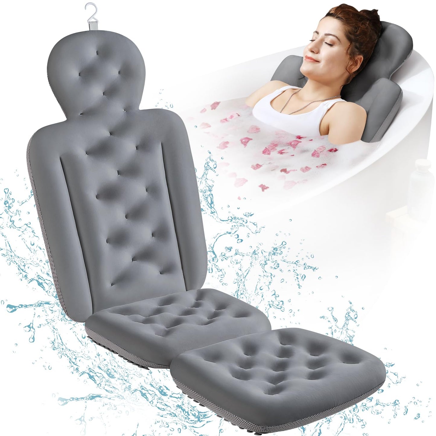 Full Body Bath Pillow for Bathtub, Thick Bathtub Cushion, Luxury Tub Pillow for Bath for Headrest Neck and Back Support Gray 51" x 16"