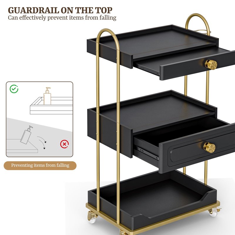TTGIEET Barber Salon Trolley Cart w/Lockable Wheels, 3-Tier Rolling Beauty Cart with 2 Drawers & Dryer Holder, Mobile Beauty Trolley for Beauty Spa Barbershop(Black)
