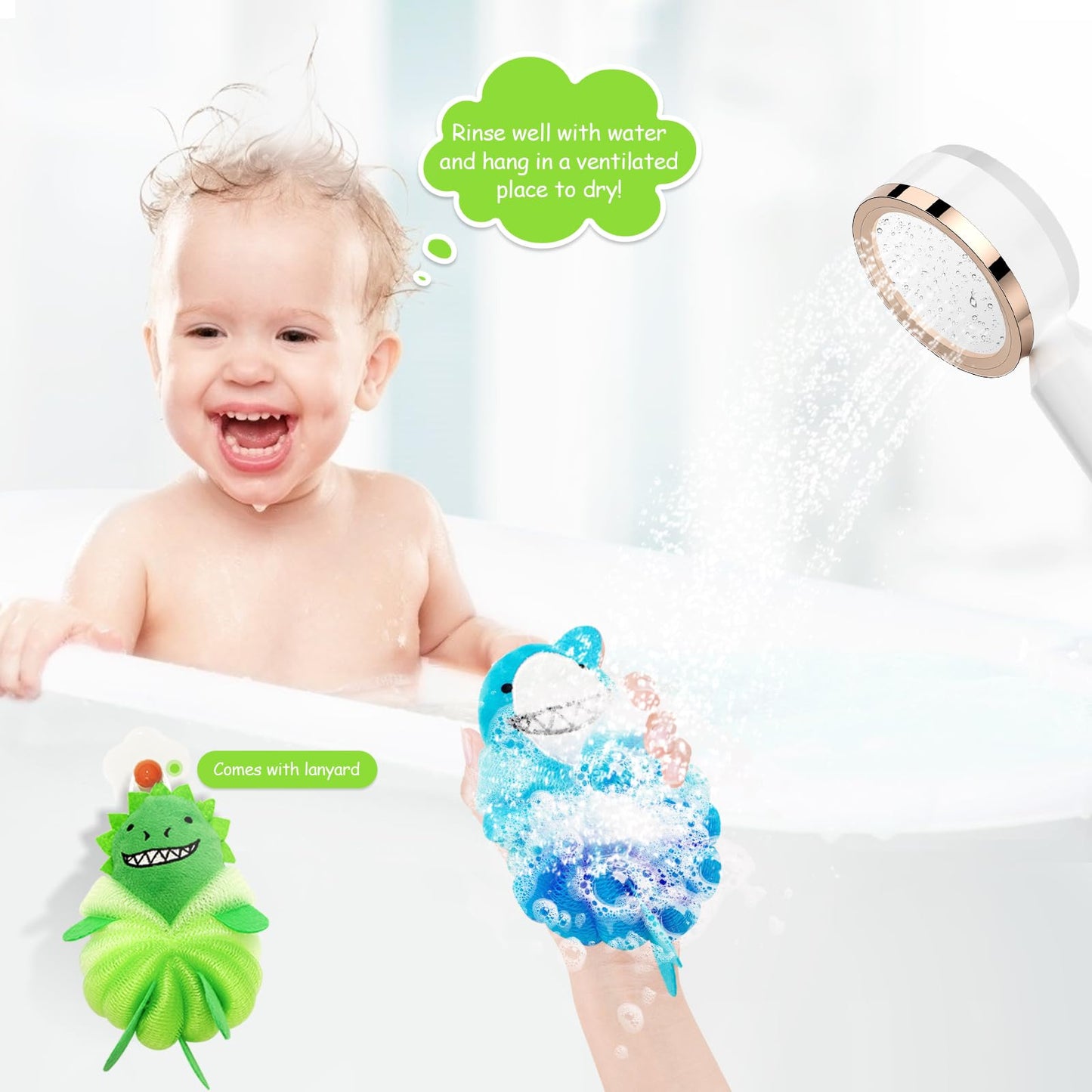 Kids Loofah & Bath Sponge, 2 Pack Loofah for Kids with Dinosaur & Shark, Gentle Baby Sponge for Bathing, Toddler Mesh Pouf for Bath Time, Soft Body Scrubber for Boys & Girls