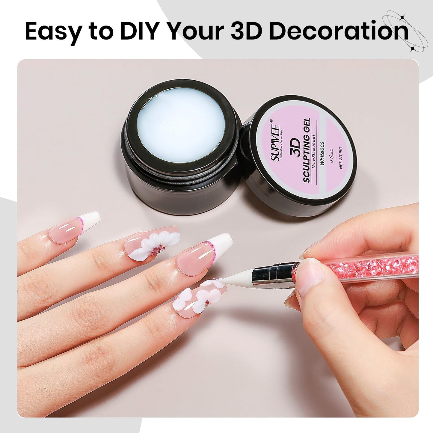 SUPWEE 3D Nail Sculpting Gel for Nails Art, White Non-Sticky Hard Solid Molding Nails for Extension Carving Home DIY Manicure with Nail Art Pen DIY at home