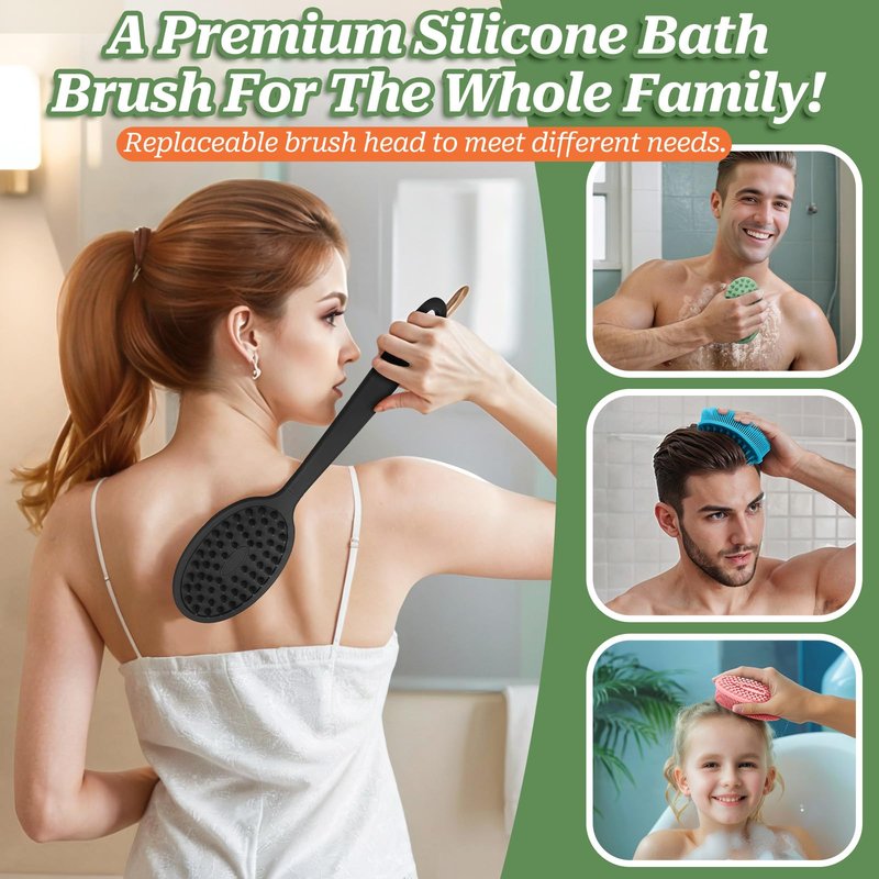 GEENOA Silicone Back Washer for Shower, Gentle Silicone Back Scrubber for Lathering, Soft Silicone Loofah Bath Brush with Dual-Side & Detachable Brush Head, Good for Sensitive Skin(Green)
