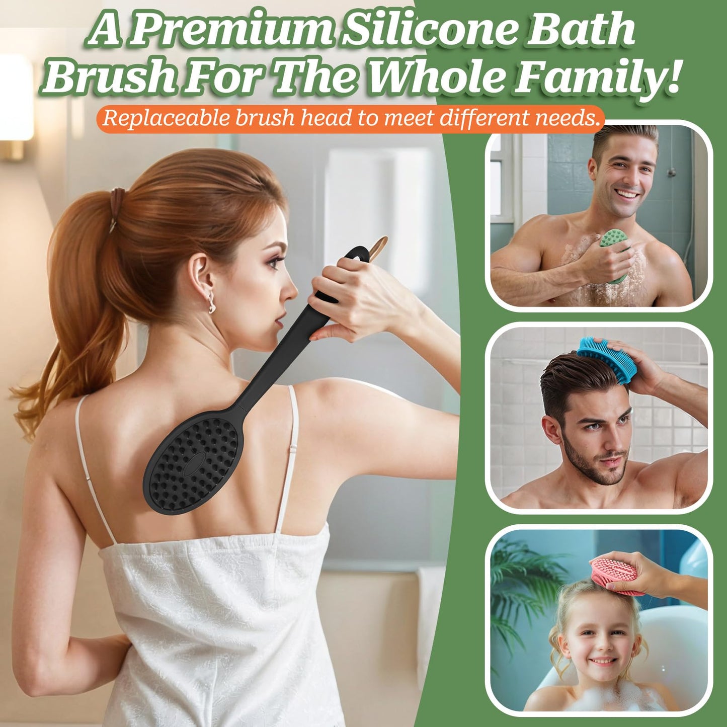 GEENOA Soft Silicone Body Scrubber 2PCS, Dual-Side Silicone Loofah for Shower, Gentle Loofa Alternative, Replaceable Brush Head to be Used Alone or with Long Handle (Bluex2)