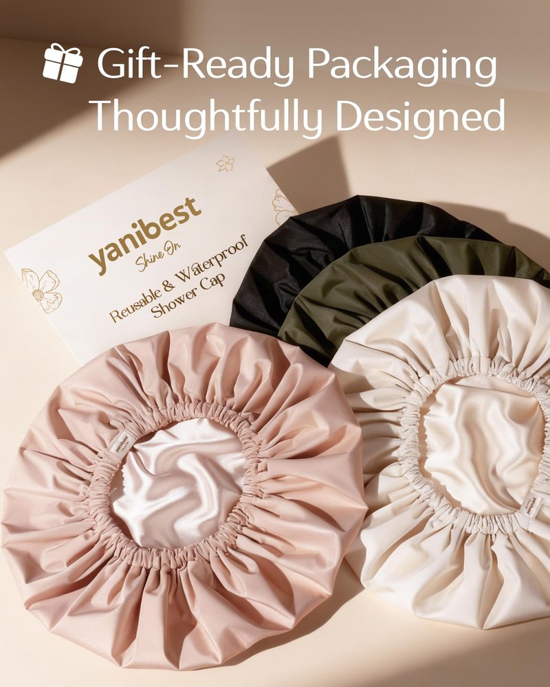 Yanibest Satin Lined Shower Cap for Women Reusable Waterproof, Frizz Free & Large Bath Cap with Soft Elastic Band, Luxury Hair Protection Caps (Peachy Pink)