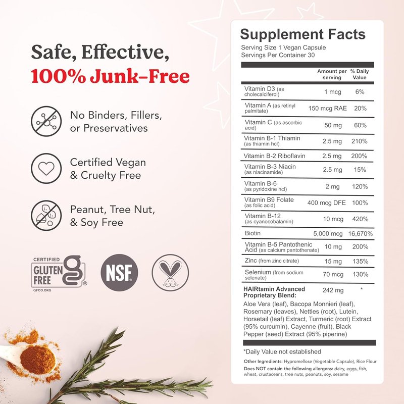 HAIRtamin Advanced Formula Hair Growth Supplement for Women & Men, Supports Stronger, Longer, Visibly Thicker Hair, With 5000 mcg Biotin, Vitamins & Antioxidants, 100% Vegan – 1 Month Supply