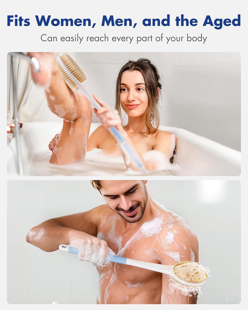 Back Scrubber Body Shower Brush: Anti Slip Long Handle Bath Brush with Stiff and Soft Bristles - Showering Exfoliator Wet or Dry Brushing for Women, Men, Elderly (Blue)
