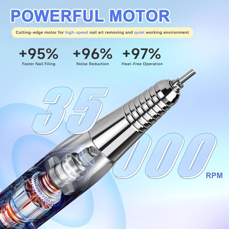 Electric Nail Drill 35000RPM | Rechargeable Acrylic & Gel Nail File Kit with 6 Polishing Tools - Sunset Blue