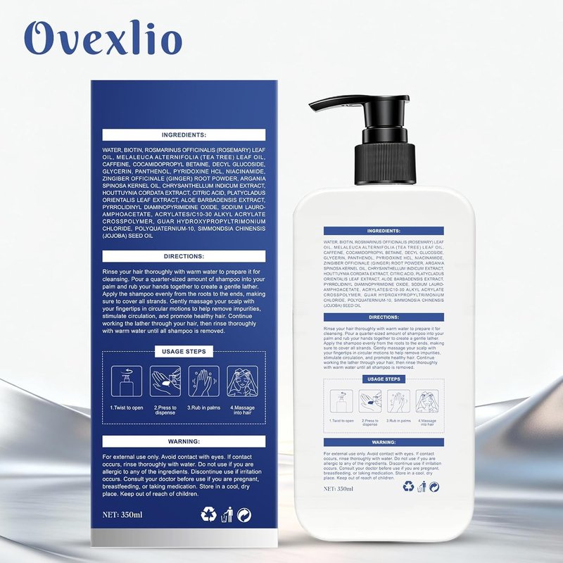 OVEXLIO Hair Growth Shampoo with Biotin & Rosemary for Thinning Hair for Women, Anti Hair Loss Shampoo, Natural Thickening Formula, Sulfate Free with Comb, 11.84 fl oz