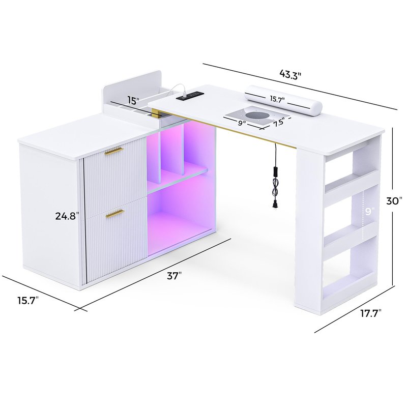 Manicure Table with LED Light, L-Shaped Nail Tech Table w/ Dust Collector & Power Outlets, Corner Nail Station Length Adjustable Nail Desk w/ Sliding Cabinet Door for Home Spa Beauty Salon, White