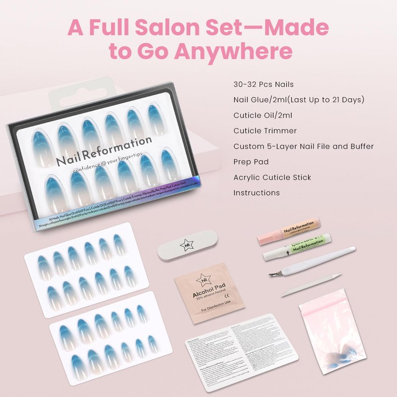 Nail Reformation Press On Nails, Ombre Blue Velvet Shimmer Medium Almond Fake Nails in Glitter French Tip, Salon Quality, Reusable Stick On Nails in 15 Sizes - 30 Nail Kit with Glue, Gifts for Women