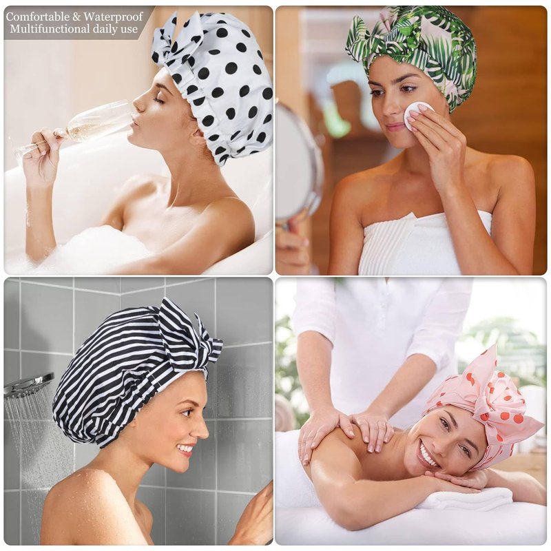 Luvruitaky Shower Cap Luxury Shower Caps for Women Reusable Waterproof Hair Cap for Shower with Adjustable Bowknot Hair Bath Cap (Black Stripe)
