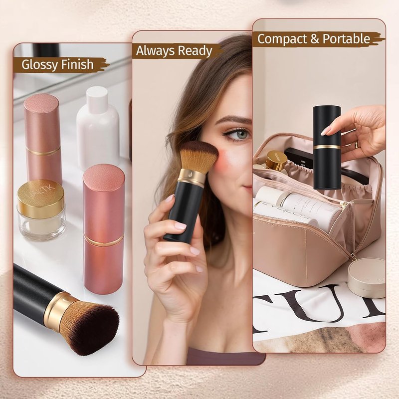 Retractable Kabuki Makeup Brush - All-in-One Travel Face Brush for Foundation, Powder & Blush | Portable & Easy to Use (Black)