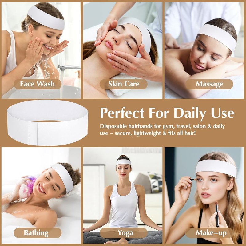 Skiennix 150 PCS Disposable Hairbands - Non-Woven Fabric Spa Headbands for Makeup & Travel