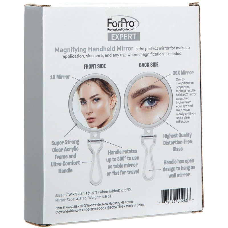 ForPro Professional Collection Expert 30X Magnifying Handheld Mirror, Double-Sided Hand Mirror with Folding Adjustable Handle for Makeup, Travel, Clear