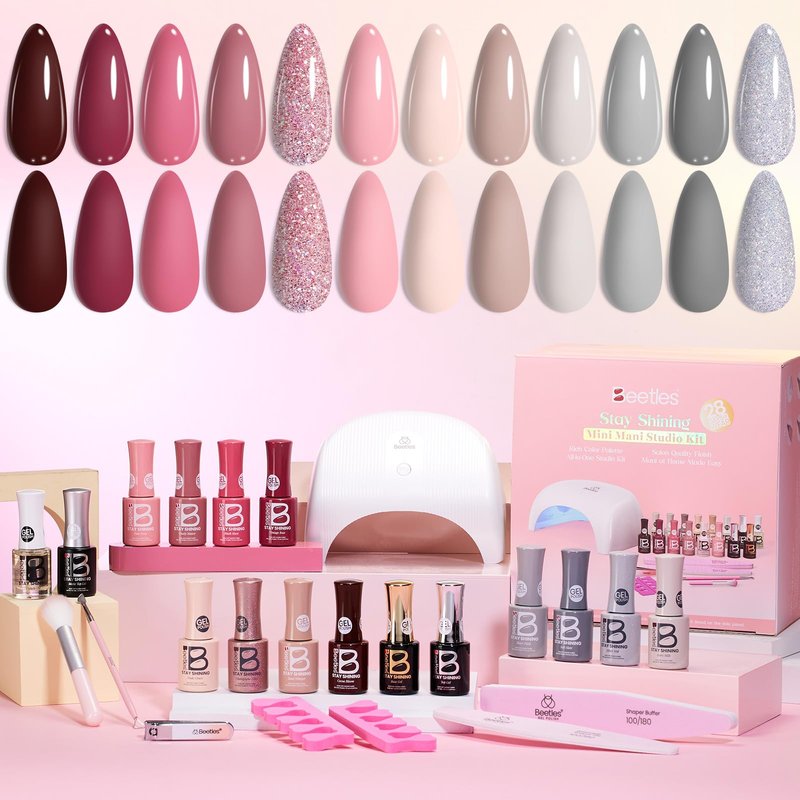 Beetles Stay Shining 23 Pcs Gel Nail Polish Kit with UV Light, 12 Color Nail Manicure Studio Kit Cozy Elegance and Base Gel Glossy &Matte Top Coat Cuticle Oil & Nails Tools, DIY Salon-Quality at Home