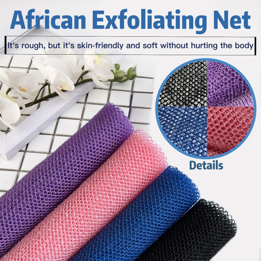 SPMKTBOZAI 4 Pack African Net Sponge for Women and Men – Extra Long Nylon Bath & Back Scrubber, Stretchable Exfoliating Shower Body Scrubber for Daily Use, Travel Portable Spa Gift