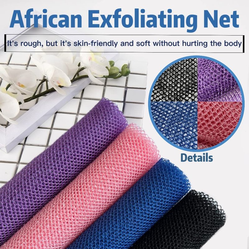 SPMKTBOZAI 4 Pack African Net Sponge for Women and Men – Extra Long Nylon Bath & Back Scrubber, Stretchable Exfoliating Shower Body Scrubber for Daily Use, Travel Portable Spa Gift