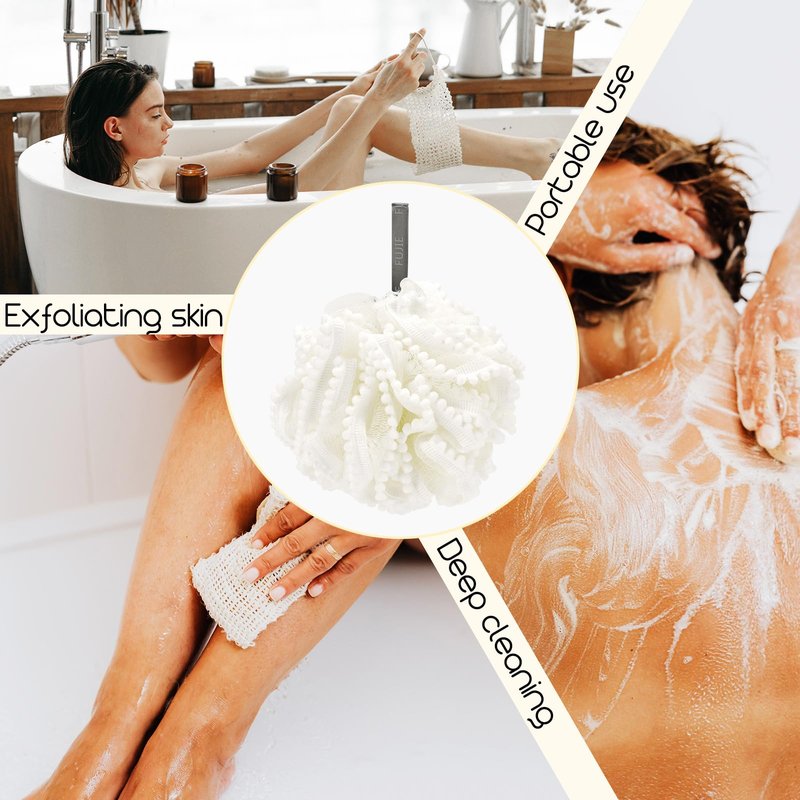 Biiange White Loofah, Shower Bath Spong, Soft Loofahs Balls, Globose lace Shower Ball, for Body Wash Scrubber Cleaning Bathroom Accessories (2Pcs White)