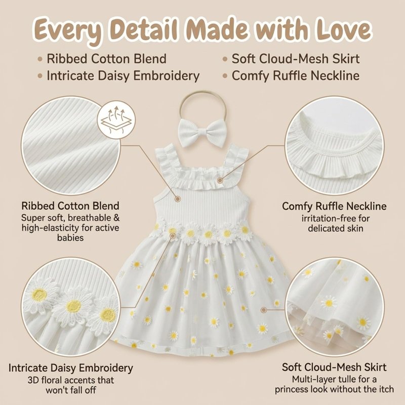 Toddler Girl Daisy Dress Set 3Pcs Ribbed Knit Tulle Sundress with Bag & Headband Cute Summer Floral Outfit for First Birthday Party White 6-9Months