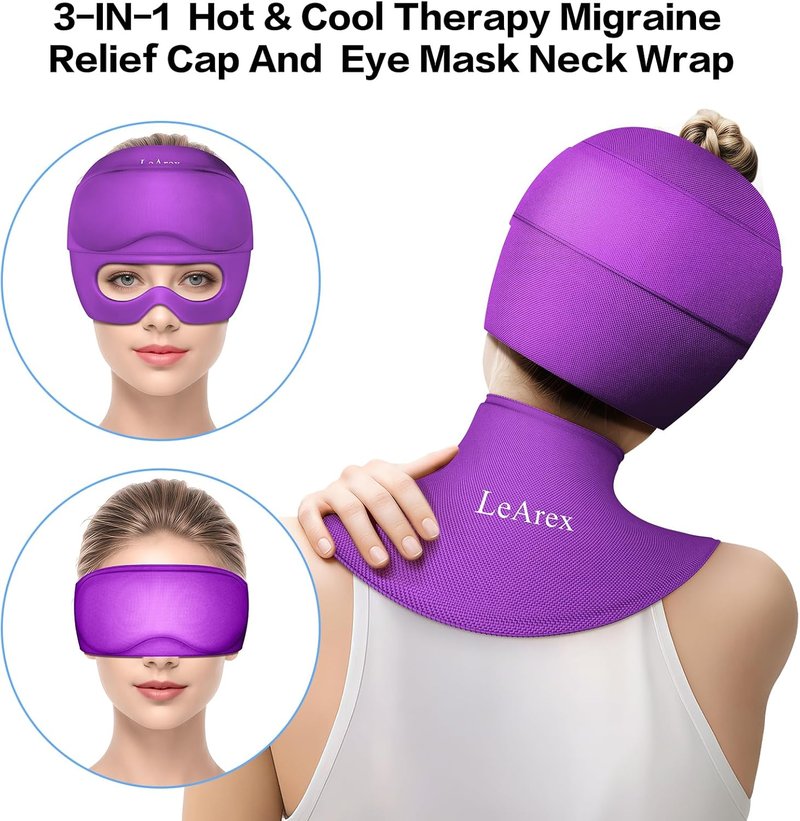 Skiennix 3-in-1 Migraine Relief Cap - Detachable Ice Pack & Eye Masks for Headaches | Purple