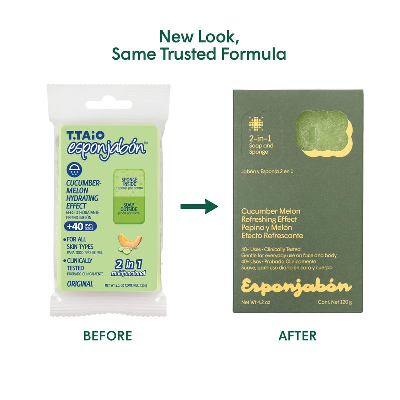 T.Taio Esponjabon Soap Sponge - Cleansing Shower Scrubber - Cleaning Bath Wash Scrub - Oil Removal - Massage & Lather Foot, Elbow, & Face - Bathroom Accessories - Cucumber & Melon Soap