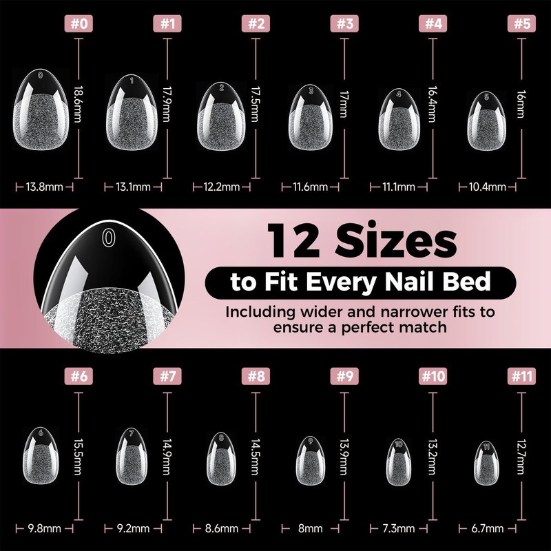 Luckyfairy Almond Nail Tips - 240pcs Soft Gel Pre-Shaped Acrylic Full Cover Nails | 12 Sizes Available
