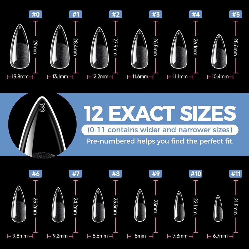 UNA GELLA Medium Stiletto Gel Nail Tips - Full Cover 216 Pcs Almond Shape | Pre-Etched Soft Gel Nails in 12 Sizes