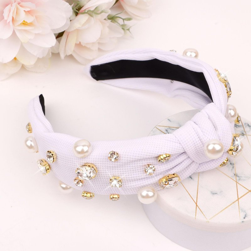 Amariver White Crystal Headbands for Women Pearl Rhinestone Head Band Top Knot Hairbands Comfortable Elastic Hair Band Bling Knotted Headband Fashion Hair Accessories for Women Girls