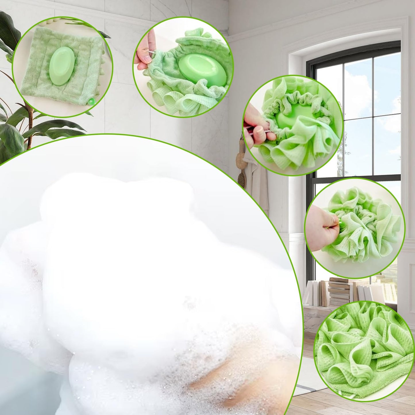 QIYUDA 2pcs Loofah Cloth for Bar Soap, Loofah Washcloth Pink and Green Shower Ball 2-in-1