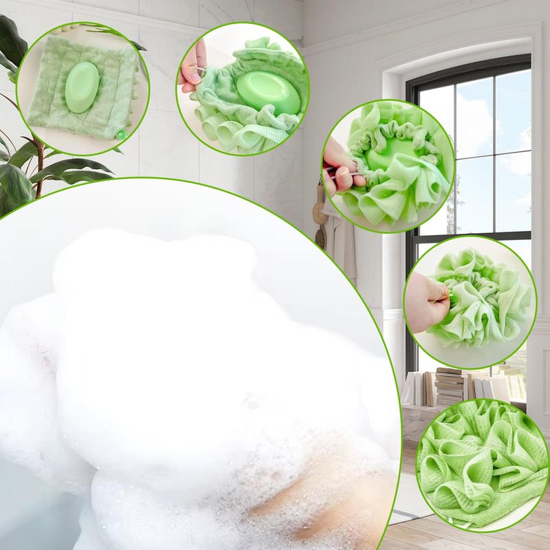 QIYUDA 2pcs Loofah Cloth for Bar Soap, Loofah Washcloth Pink and Green Shower Ball 2-in-1