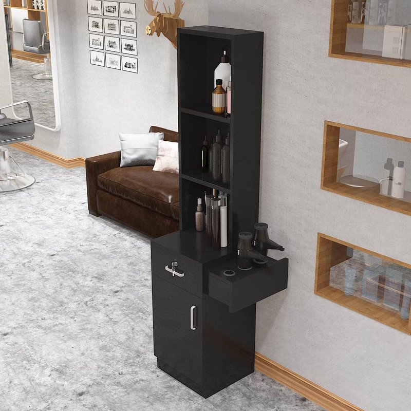 Paddie Hair Salon Stations - Lockable Wall-Mount Barber Stations with Drawer & Storage Cabinet | Black