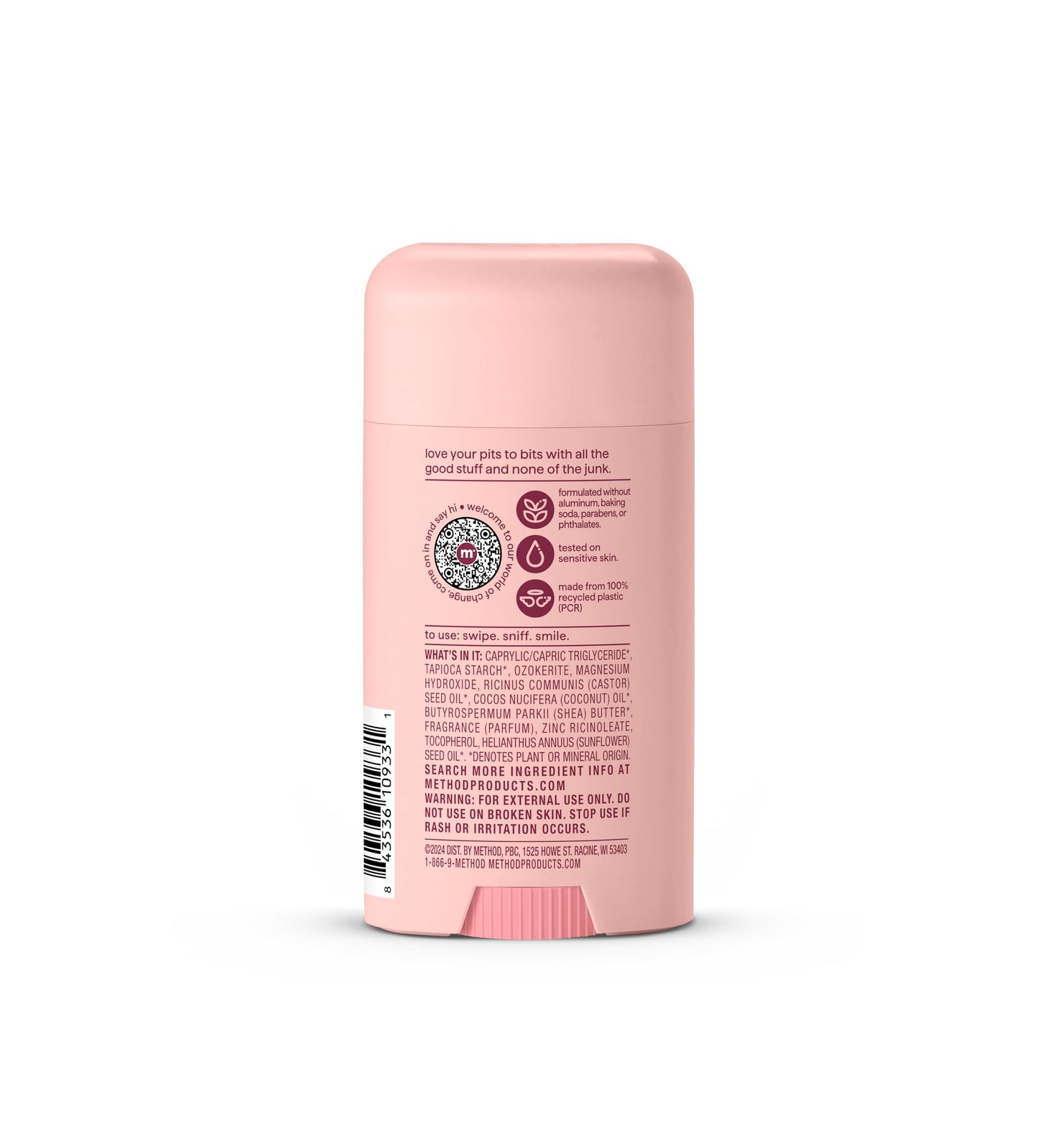 method Deodorant Stick, Pure Peace - 24-Hour Odor Protection, Aluminum & Baking Soda Free, Notes of Peonies, Rose Water & Jasmine, 2.65 oz
