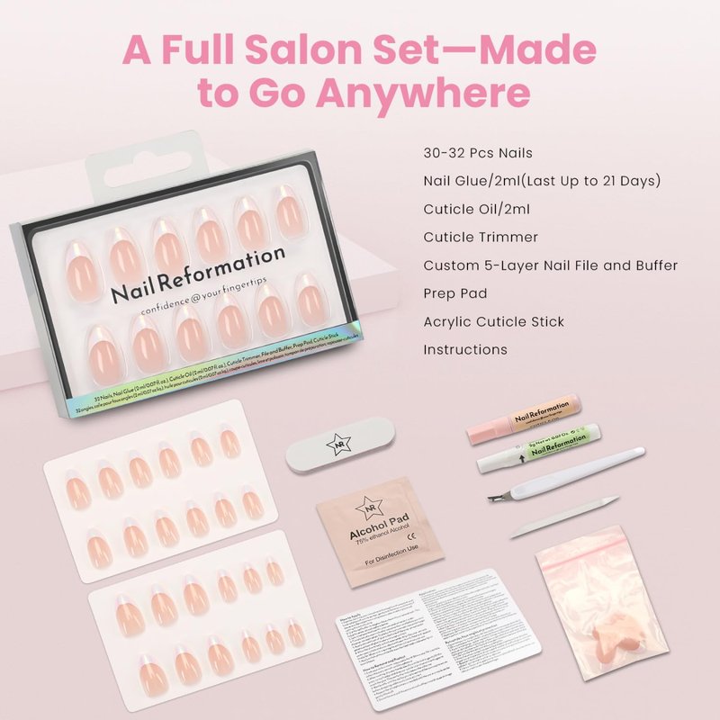 Nail Reformation Press On Nails, Mirror Effect | Short Almond Fake Nails in White French Tip on Pink Gradient Metallic Base, Reusable Stick On Nails in 16 Sizes - 32 False Nail Kit for Women Gifts