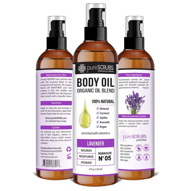 pureSCRUBS Ultra Moisturizing Lavender Body Oil for Dry Skin, Lightweight Full Body Moisturizer for Soft, Silky Skin, Massage & Cuticle Oil, Vitamin E Enriched, 4 oz