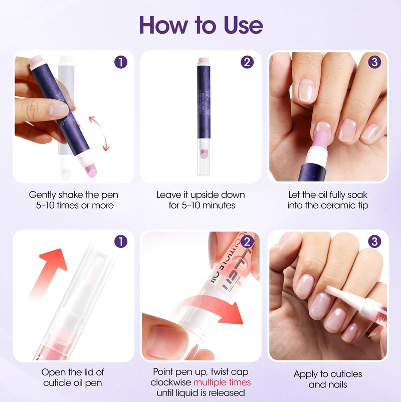 Gellen Ceramic Cuticle Oil Pusher Pen, 2Pcs Cuticle Remover Pen & Nourishing Cuticle Oil Pen for Hangnails & Dry & Damaged Nails, 2-in-1 Cuticle Care Set for Home and Salon Use